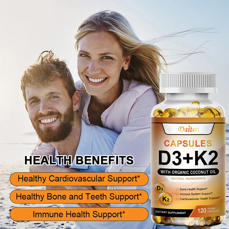 Vitamin K2, D3 supplement to support the immune system and improve body and bone health. 120 capsules