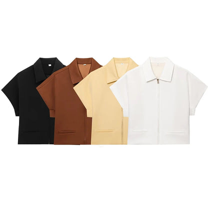 RAFZNB Women's Cropped Jackets Coats Fashion Turn-down Collar Short Sleeve Coats Casual Female Outerwear Chic Tops