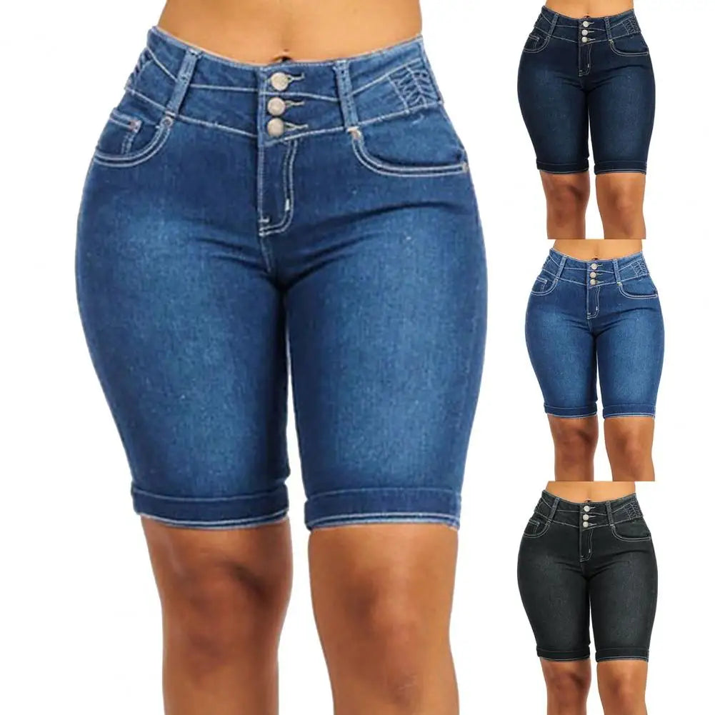 Trendy Denim Shorts Wear-resistant Bodycon Slim Jeans Shorts Mid Rise Soft Women Shorts for School