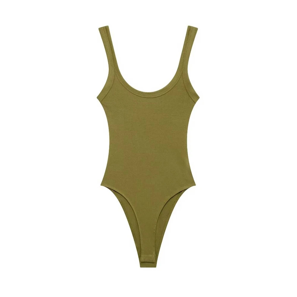 TRZA-Skinny Ribbed Bodysuits for Women, O Neck, Straps, Snap-Button, Female Playsuits, Sexy Fashion as picture