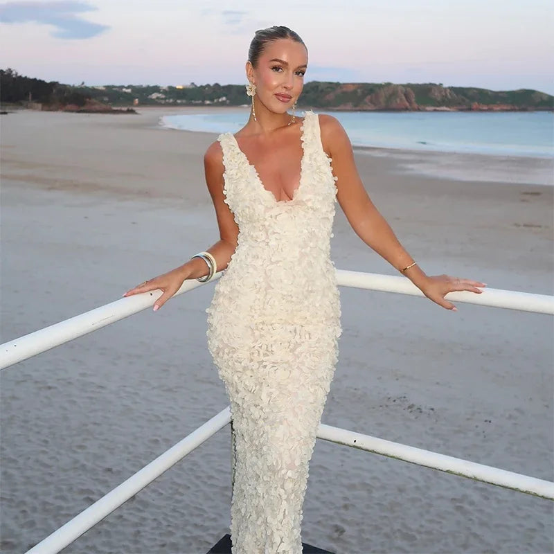 Sexy 3D Flower Deep V-neck Dress Women Slim Sleeveless Backless Split Hip Package Midi Dresses 2025 Spring Ladies New Vestidos