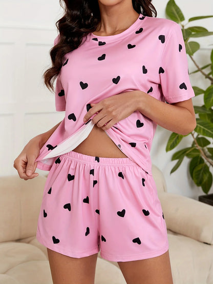 2025 Summer New Women's Pajamas Homewear Set Girls Short-Sleeved Shorts Love Print Knitted Fashion Soft Pajamas Homewear Pink