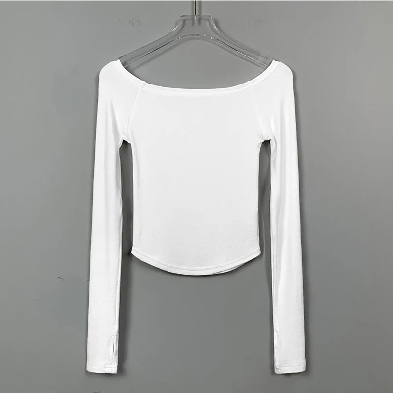 Sexy Slash Neck T Shirt Women Cotton Long Sleeves Cropped Tee Shirt Femme Slim T-shirt Female Black White Tops 2024