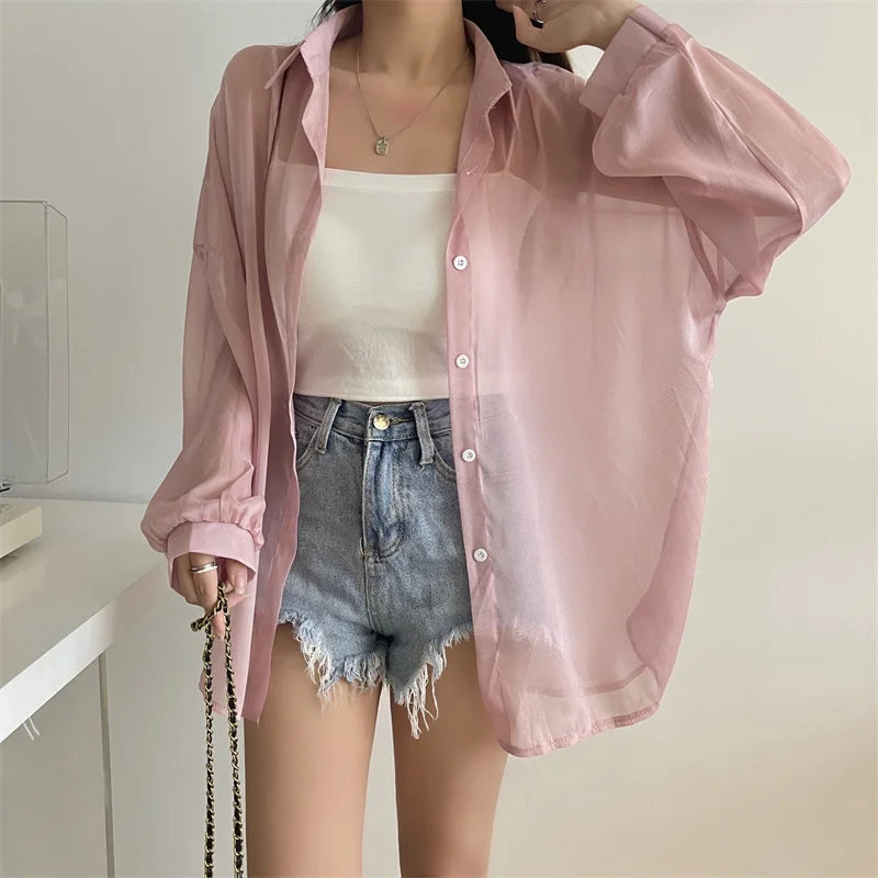 Semi Sheer Long Sleeve Shirt for Women Shimmer Button Down Collared Plain Lightweight Shirt Spring Summer Chic Tops Outfit