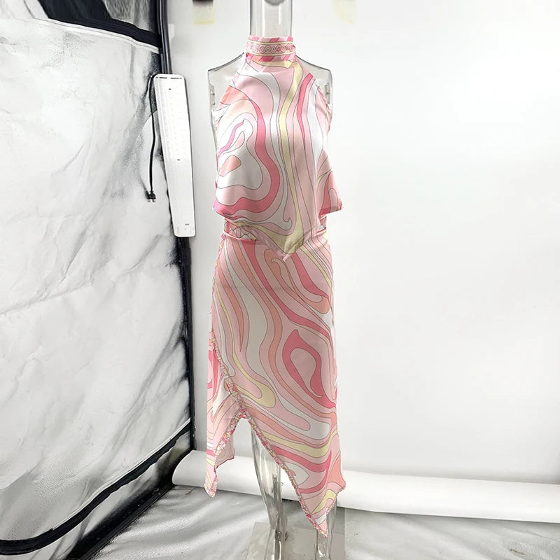 Summer Sexy Print Sleeveless Halter Shirt Skirt Two Piece Set Women Retro Pattern Print Satin Outfit Women Beach Holiday Clothes