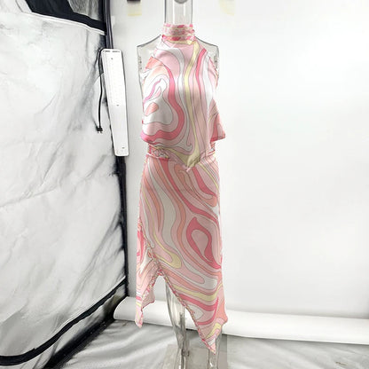 Summer Sexy Print Sleeveless Halter Shirt Skirt Two Piece Set Women Retro Pattern Print Satin Outfit Women Beach Holiday Clothes