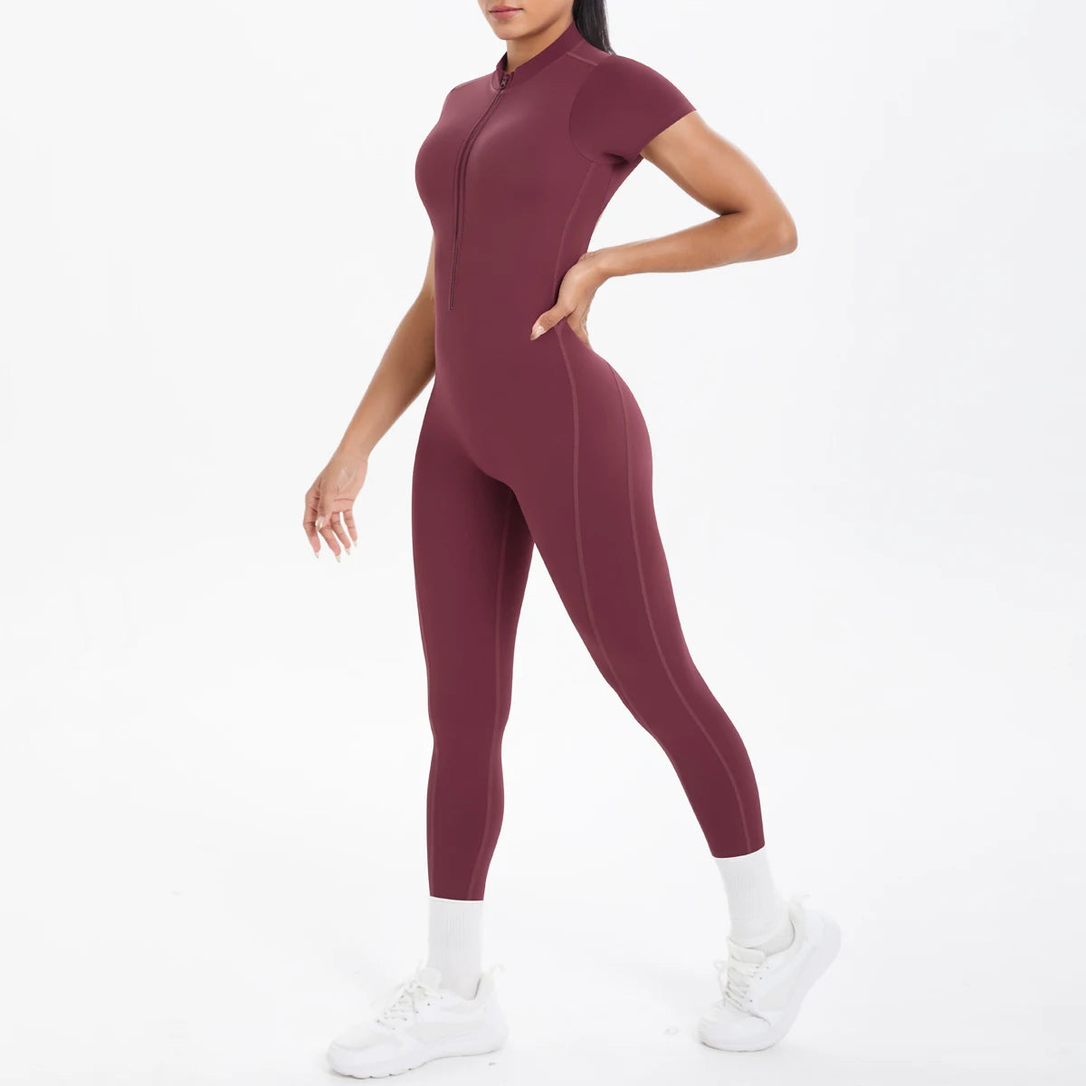 Short Sleeved Fitness Jumpsuit for Woman Bodysuits Backless Solid Color Scrunch One-Piece Suit Half Zipper Gym Yoga Sets Womens