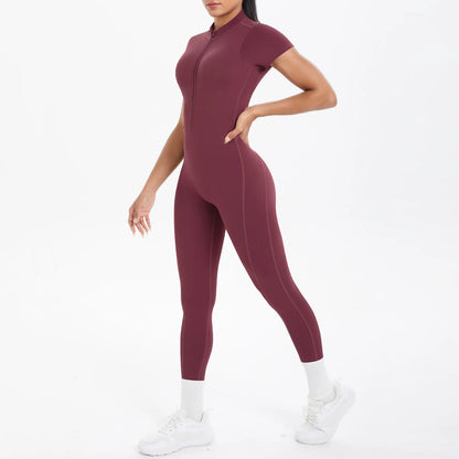 Short Sleeved Fitness Jumpsuit for Woman Bodysuits Backless Solid Color Scrunch One-Piece Suit Half Zipper Gym Yoga Sets Womens