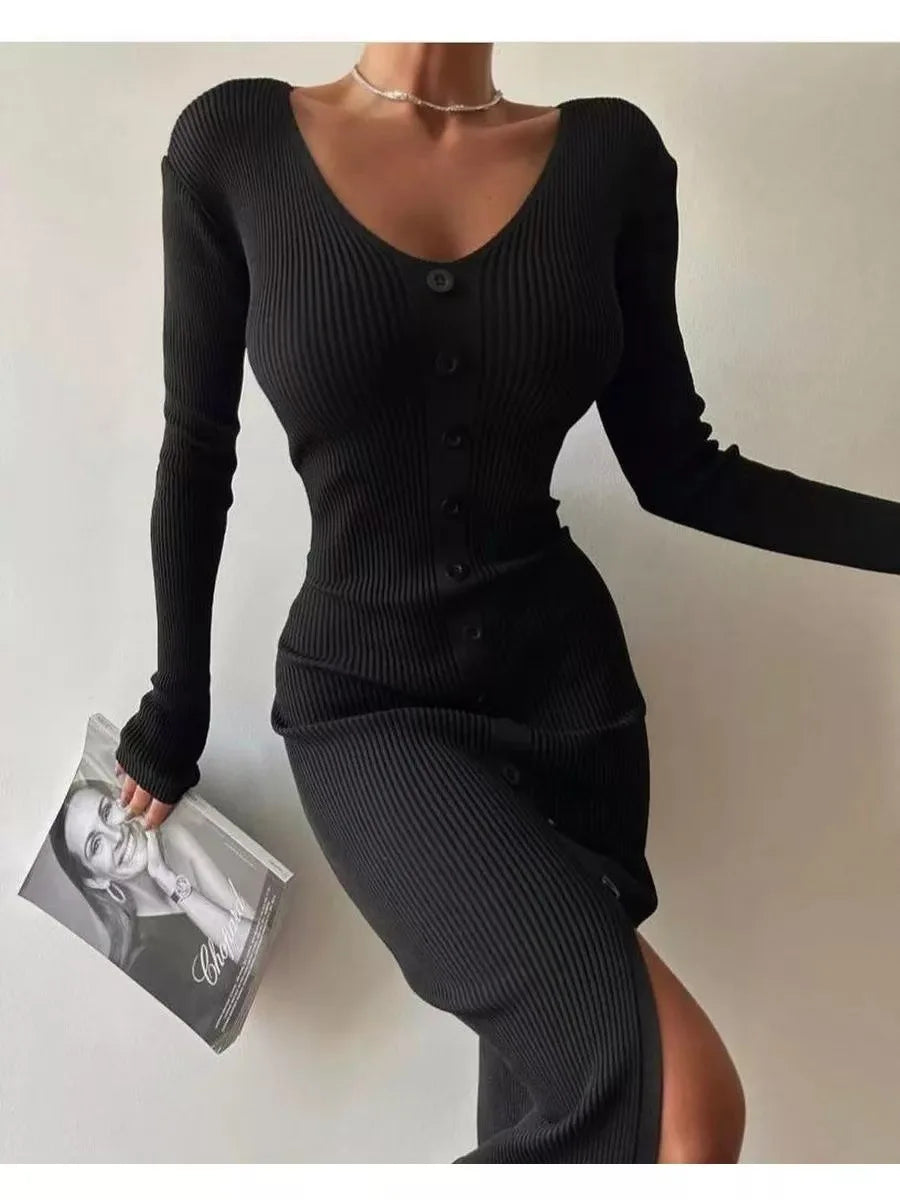 2025 Knitted Dress For Women Vintage Fashion Long Sleeve Dresses Solid Single Breasted V Neck Midi Autumn Winter Dress Скучать Badiee Stylez