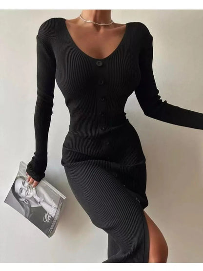 2025 Knitted Dress For Women Vintage Fashion Long Sleeve Dresses Solid Single Breasted V Neck Midi Autumn Winter Dress Скучать Badiee Stylez