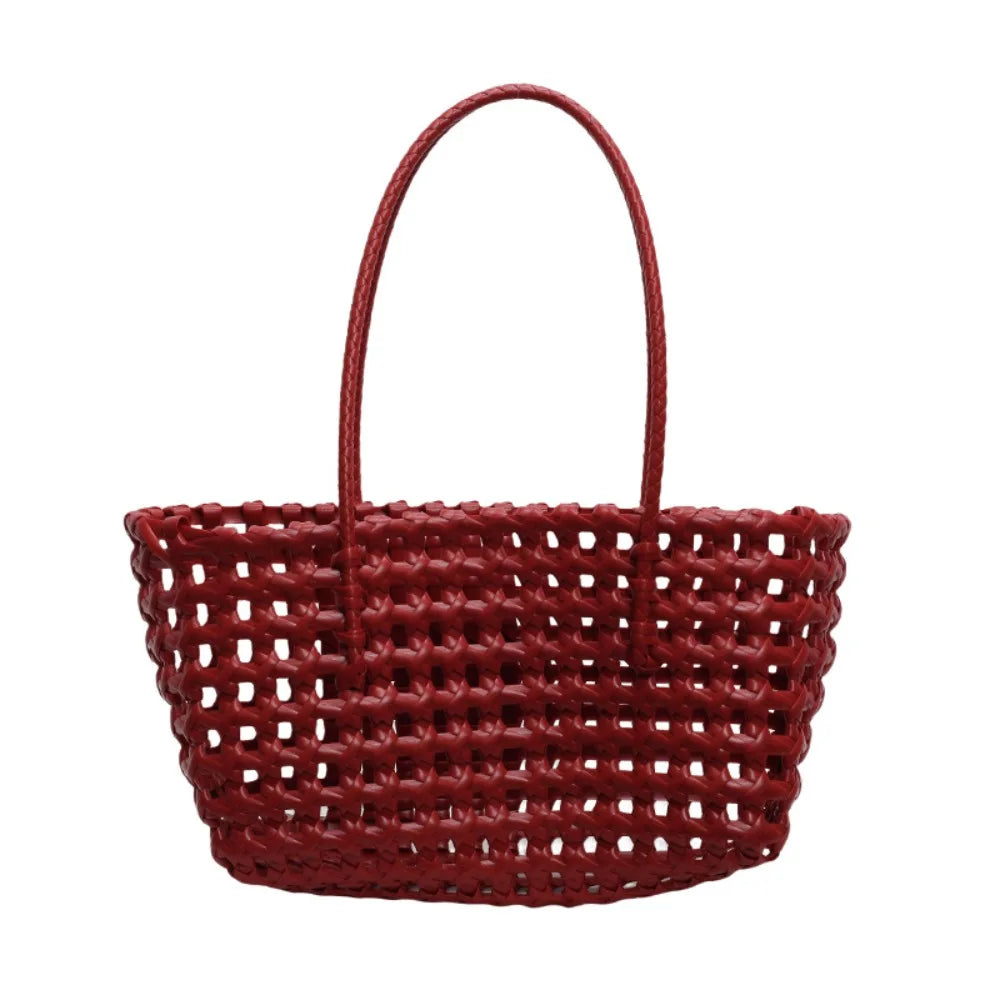 Plastic Hollow Weave Bag Countryside Style Bohemian Style Beach Tote Bag Large Capacity Bucket Bag Vegetable Basket Bag Red