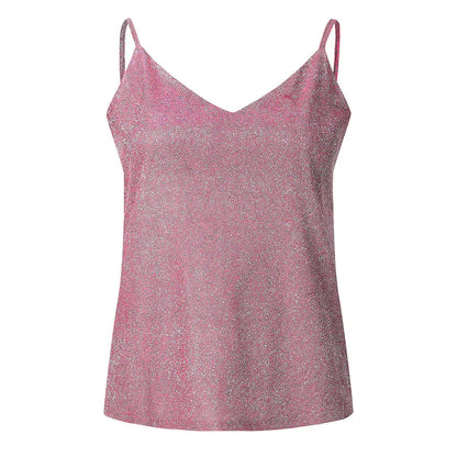 Women’s Solid Color V-Neck Tank Tops Ladies Glitter Strappy Sexy Cami Swing Vest Clubwear Fashion Canottiera Donna Estiva