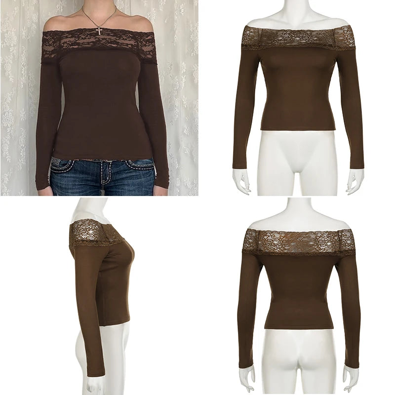 Cuteandpsycho Lace Patchwork Solid Slim Tee Shirts Long Sleeves V-neck Aesthetic Fashion Clothes Vintage Streetwear Black Tops