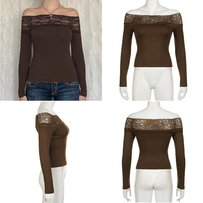 Cuteandpsycho Lace Patchwork Solid Slim Tee Shirts Long Sleeves V-neck Aesthetic Fashion Clothes Vintage Streetwear Black Tops