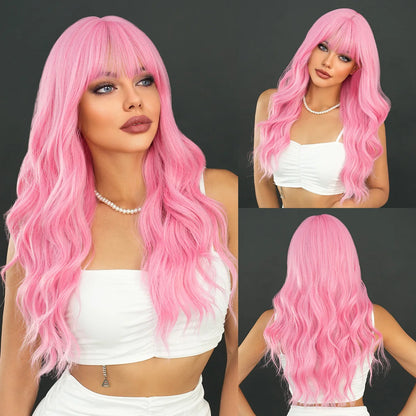 New fashion orange synthetic wig with fringe long curly hair festival daily wig high temperature silk full head cover 2502-131-light pink
