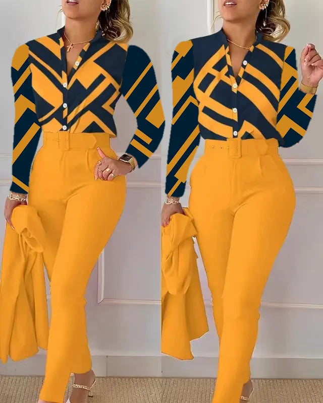 Women's Shirt 2 Pieces Suit Set 2024 Fall Print V Neck Long Sleeve Top Casual High Waist Pockets Work Female Clothes Pants Set