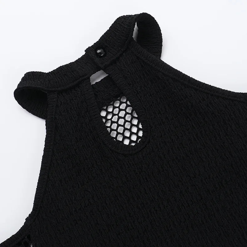 Goth Dark Punk Grunge Fishnet Patchwork Off Shoulder T-shirts Trim Corn Strap Halter Tops Autumn Mall Gothic Streetwear T-shirt