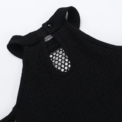 Goth Dark Punk Grunge Fishnet Patchwork Off Shoulder T-shirts Trim Corn Strap Halter Tops Autumn Mall Gothic Streetwear T-shirt