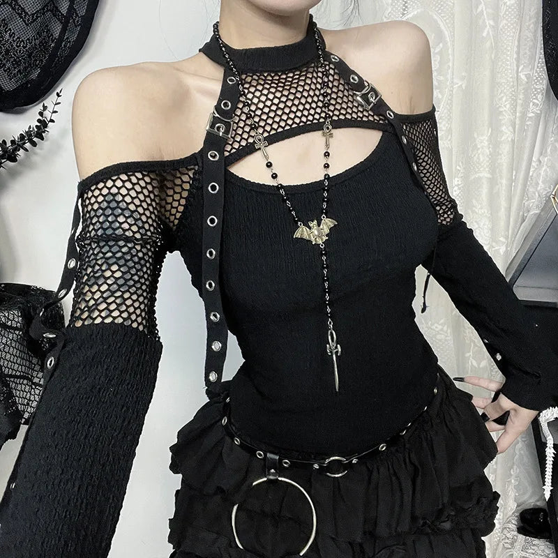 Goth Dark Punk Grunge Fishnet Patchwork Off Shoulder T-shirts Trim Corn Strap Halter Tops Autumn Mall Gothic Streetwear T-shirt black