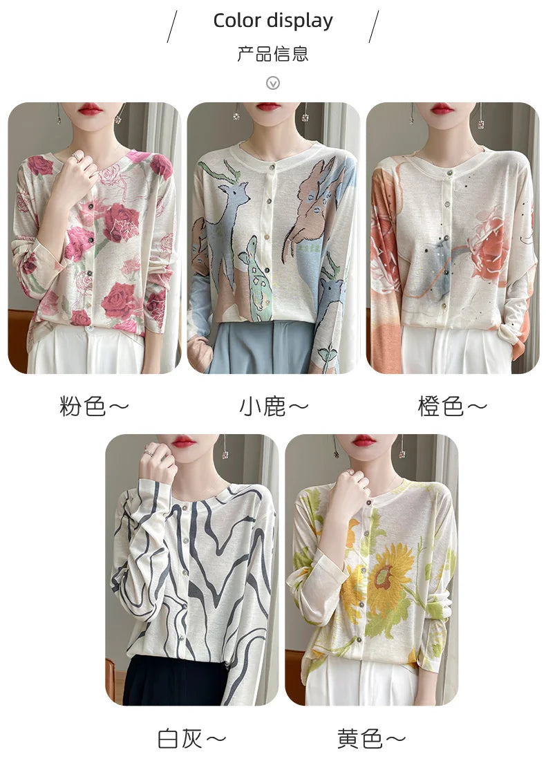Spring And Summer New Lyocell Water-Soluble Wool Blended Round Neck Knit Cardigan Long Sleeve Feminine Sweater Printed Top