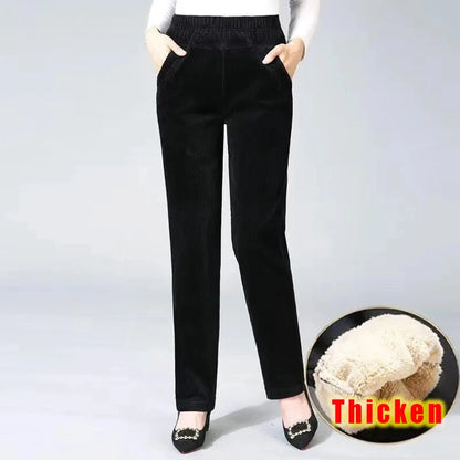 Autumn Winter Plush Thick Thin Elegant Women's Pants High Waist Fleece Pencil Pants Women Corduroy Leggings Office Lady Trousers Fleecing-Black