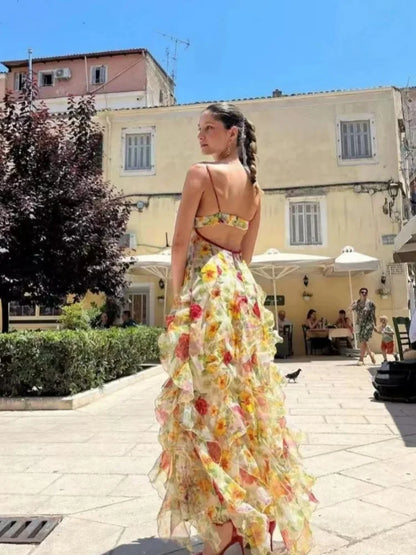 Summer New 2024 Women Sexy V Neck Backless Flower Chiffon Maxi Gowns Dress Split Celebrity Cut Out Beach Maxi Dress