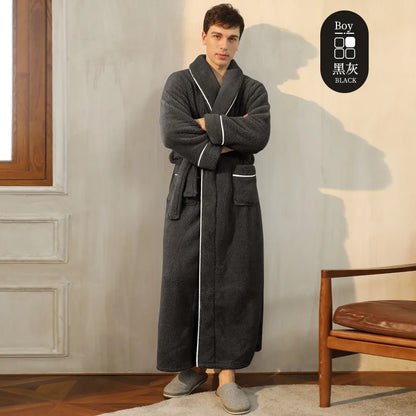 Men's Winter Bathrobe Long Sleeve Warm Turn Down Collar Man Fluffy Bath Robe With Sashes Solid Fleece Dressing Gown For Male Black gray male