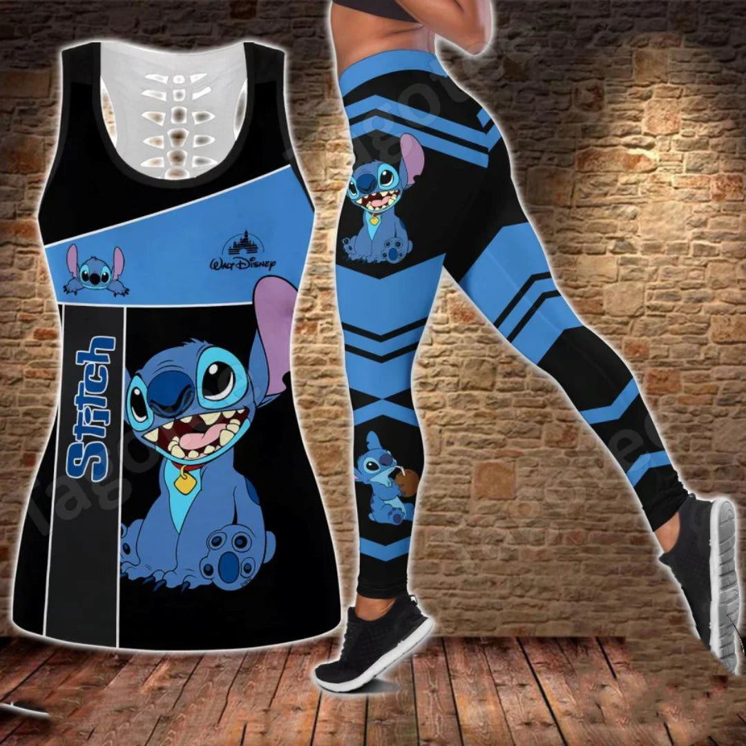 2024 Disney Stitch Women's Hollow Tanktop Yoga Set Summer Fitness Leggings Tracksuit Disney Cutout Tank Top Leggings Set 4