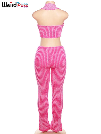 Weird Puss Patchwork Striped Women Casual 2 Piece Set Crochet Halter Low-Neck Vest+Pocket Pants Stretch Skinny Matching Suit Badiee Stylez