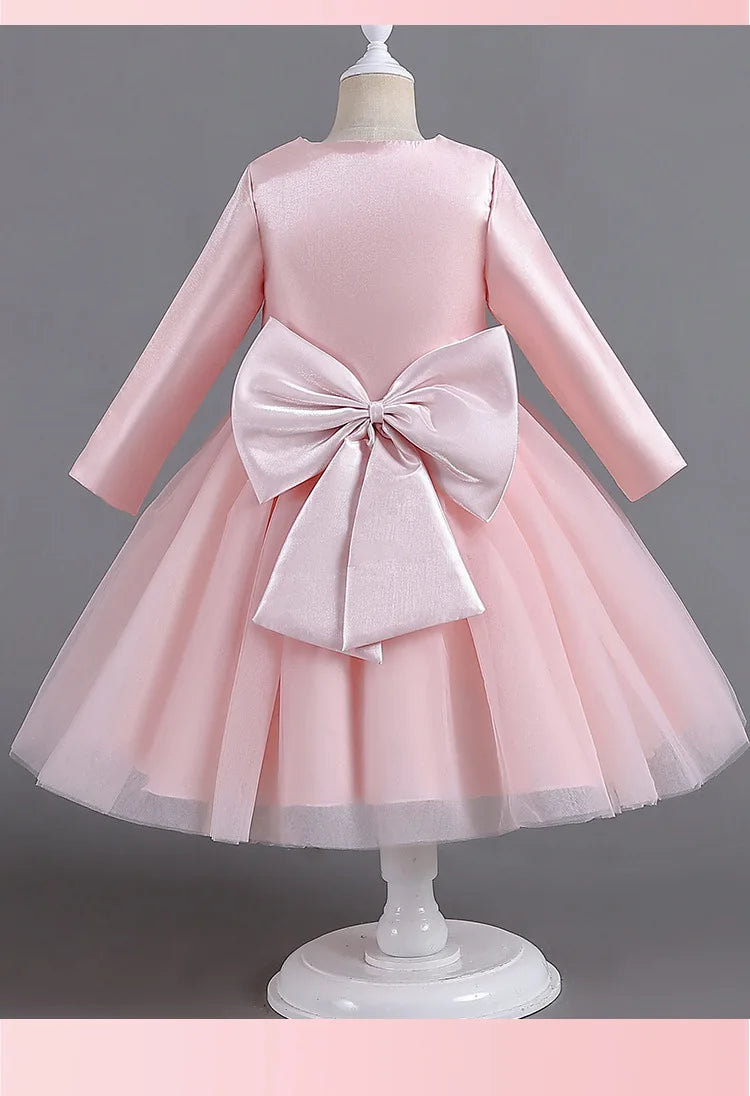 ELBCOS 4-14Y Girls Tie Crew Neck Long Sleeves Solid Color Fold Skirt Cardigan Coat Waist Bow Costumes Princess Party Dress Suit