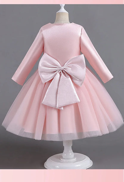 ELBCOS 4-14Y Girls Tie Crew Neck Long Sleeves Solid Color Fold Skirt Cardigan Coat Waist Bow Costumes Princess Party Dress Suit