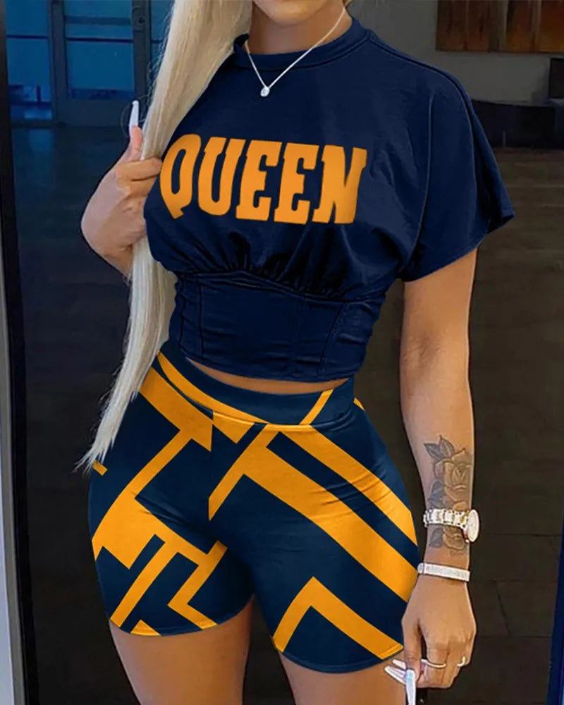 Women Two Piece Short Sets Round Neck Crop Tops Pullovers High Waist Shirts Elastic Waist Shorts Matching Sets Y2k Summer