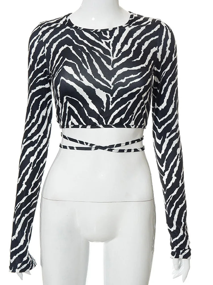 Sexy Backless Lace ups Pullover Tees Women Autumn Black O-neck Slim Longsleeve Short T-Shirt 2