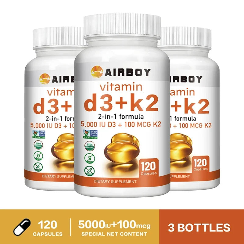 Vitamin D3 + K2 - Promotes Calcium Absorption, Bone and Joint Health, and Boosts ImmunitySupplements 120 Capsule-3bottles