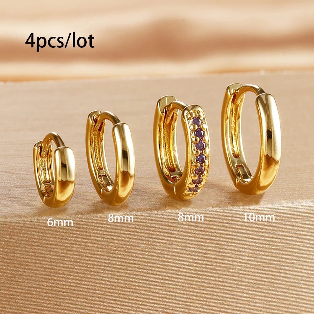 4PCS Set Stainless Steel Huggie Minimal Hoop Earrings 6/8/10mm Crystal Zirconia Helix Tragus Cartilage Earrings Piercing Jewelry Badiee Stylez