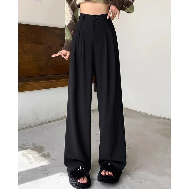 Women Fashion Suit Pants Lady Breathable Baggy High Waist Wide Leg Summer Trousers Lady Straight Leg Black Coffee Classic Pants Badiee Stylez
