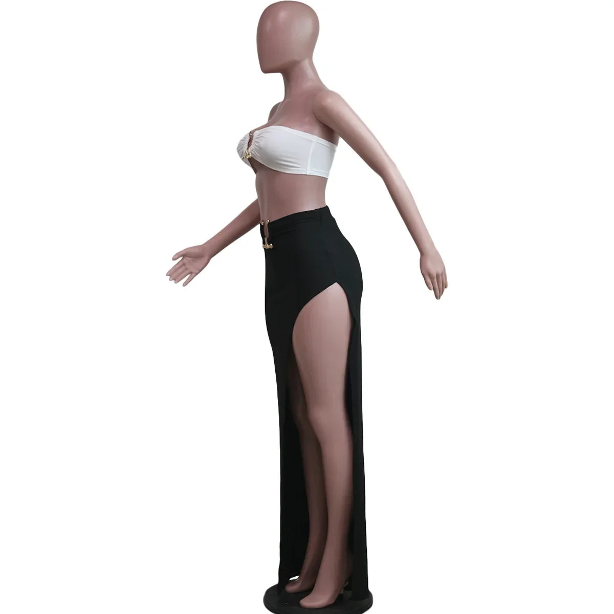 New Chic Gold Ring Bandeau Slit Skirt Two-Piece Set Womens Beautiful Off Shoulder Matching Skirt Set Nightclub Outfits Badiee Stylez