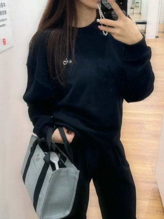 Fashion Trends Solid Long Sleeves Top Spring Black Red Round Neck Sweatshirts Simple Classic Letter Loose Casual Sports Top