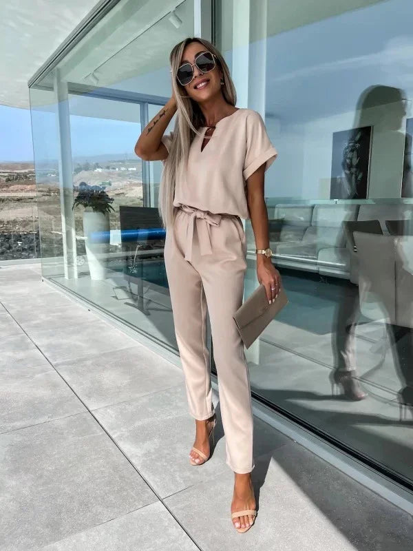 Jumpsuit Women 2023 Solid Color Short Sleeve V-neck Pocket Lace-up Pencil Long Pants Jumpsuits Summer Outfits Bodysuits Badiee Stylez