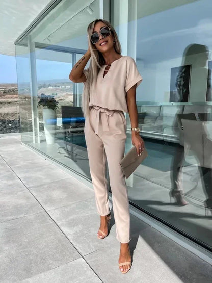 Jumpsuit Women 2023 Solid Color Short Sleeve V-neck Pocket Lace-up Pencil Long Pants Jumpsuits Summer Outfits Bodysuits Badiee Stylez