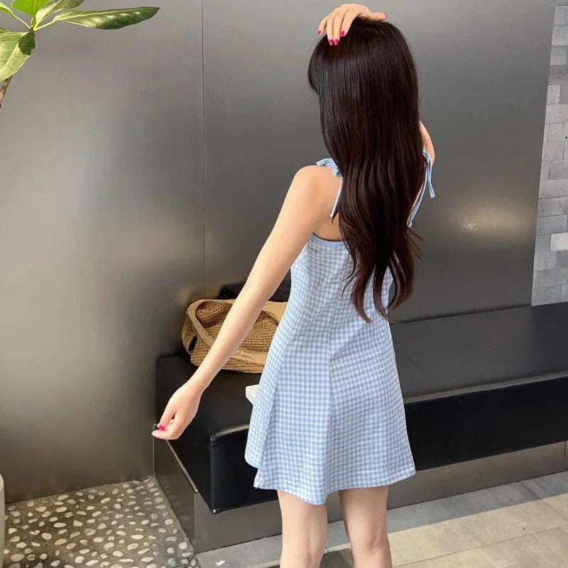 Summer Girls Sweet Red Plaid Slip Dress Lady Korean Designer Bowknots Slim Fit Skirts Female Beach Vacation A-line Short Dress