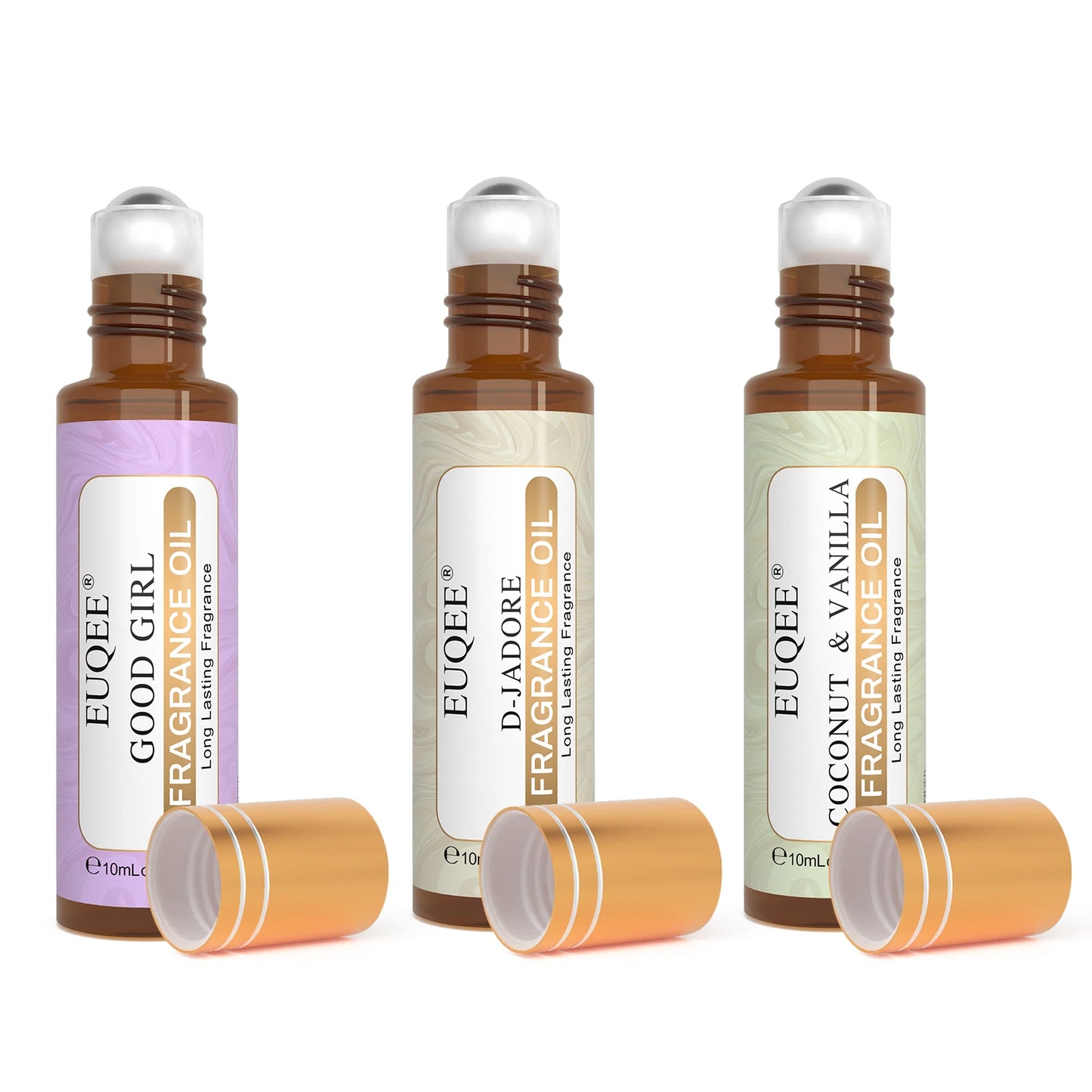 EUQEE 3PCS Fragrance Oils Roll-On Long Lasting Scent Coconut & Vanilla White Musk Baby Powder Fresh Linen Oud Wood Amber Romance