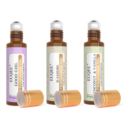 EUQEE 3PCS Fragrance Oils Roll-On Long Lasting Scent Coconut & Vanilla White Musk Baby Powder Fresh Linen Oud Wood Amber Romance