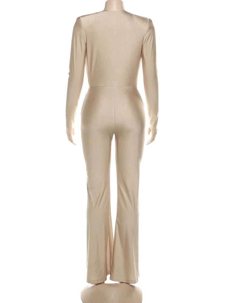 InGrily Simple Smooth Jumpsuit Women Cross v-Neck Long Sleeve Folds Skinny Solid Sexy Hipster Elegant Street Classic Chic Outfit Badiee Stylez