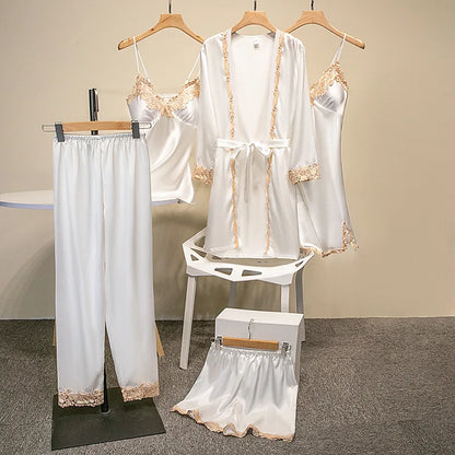 2025New Luxury Satin Pajama Set 5 Pcs Women's Silky Sleepwear Lace Trim Robe Nightgown Cami Shorts Pants Elegant Loungewear Hot white