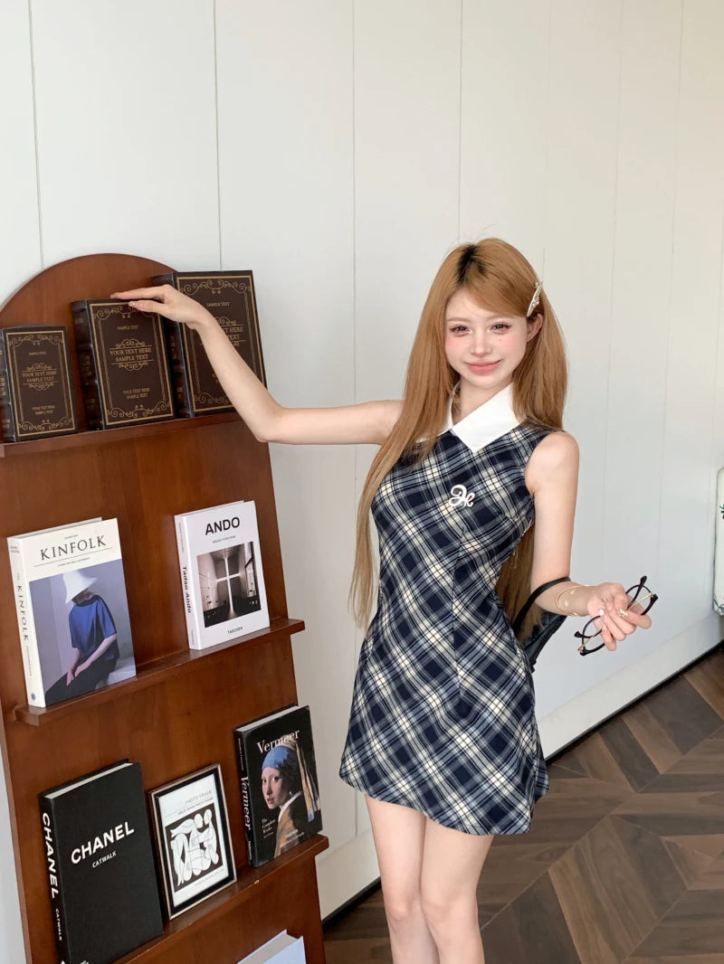 Onalippa Vintage Plaid Mini Dress Women Waist Belt Polo Collar Sleeveless A Line Dresses High Street Contrast Vestidos