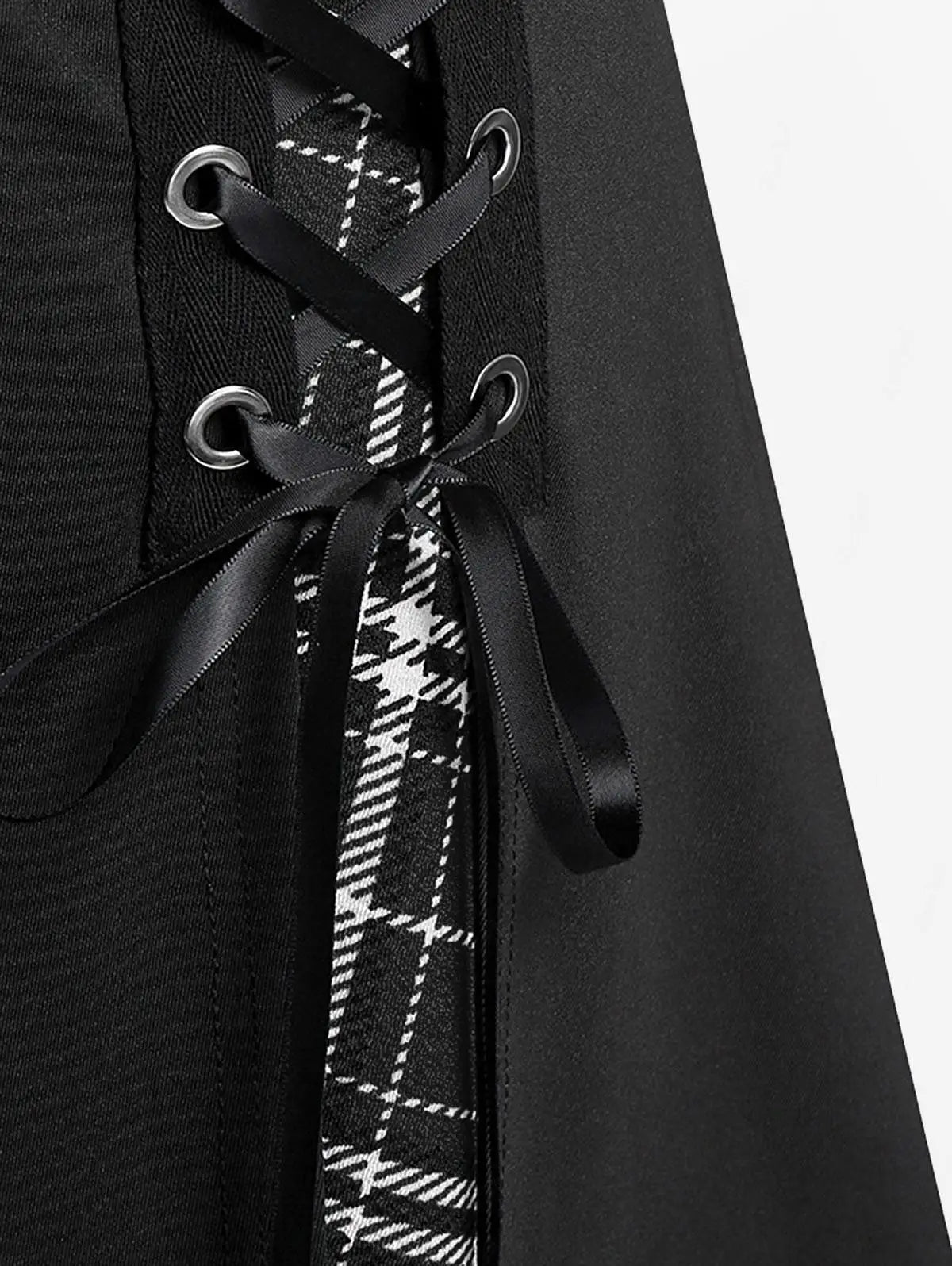 ROSEGAL Plus Size Women's Gothic Skirt Casual Plain Chain Detail High Waisted Stitching Plaid Pleated Layered Lace Up Skirts 5XL