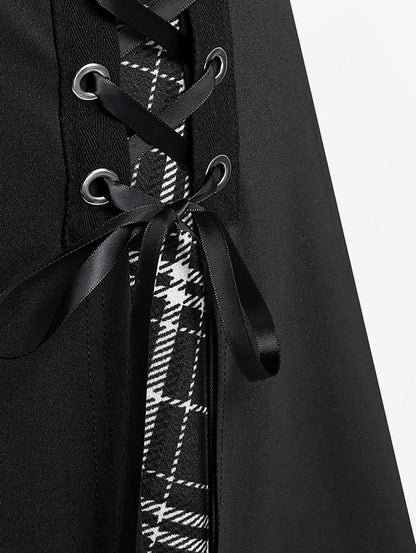 ROSEGAL Plus Size Women's Gothic Skirt Casual Plain Chain Detail High Waisted Stitching Plaid Pleated Layered Lace Up Skirts 5XL