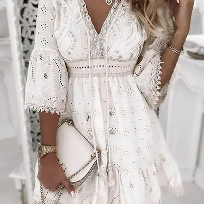 Hollow Out Summer Dress for Women Female V Neck Long Sleeve White Dresses Loose Solid Casual Women Beach Holiday Dress Vestidos Badiee Stylez