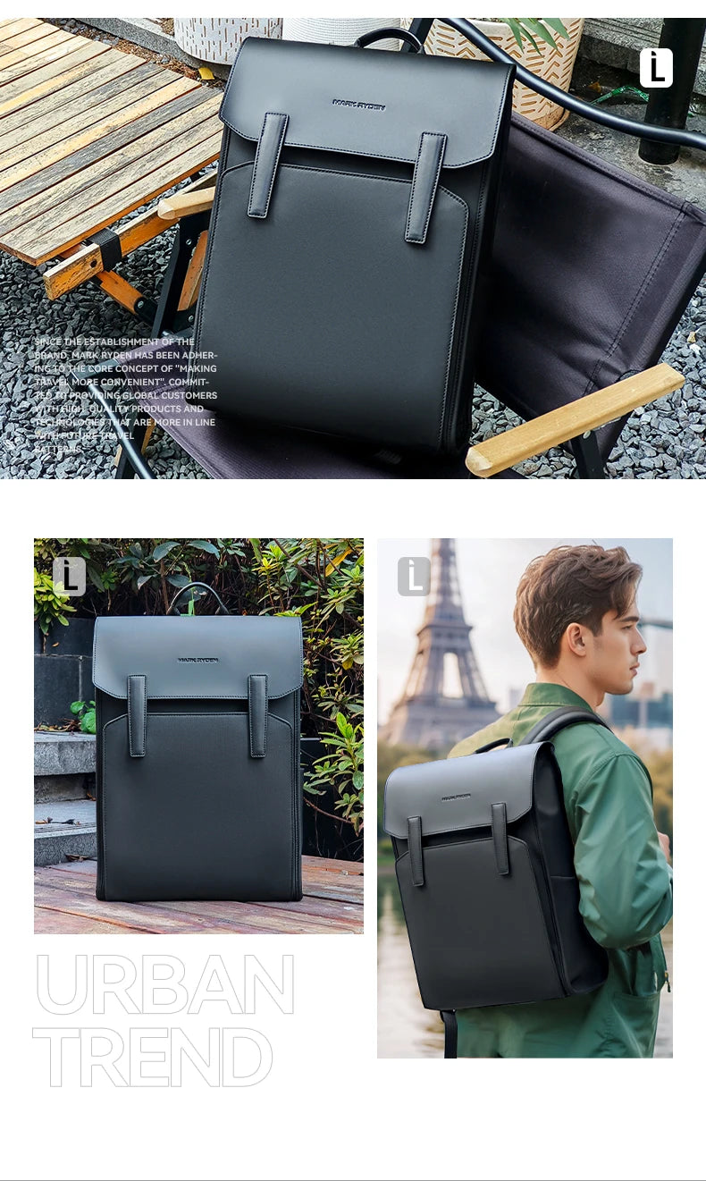 Mark Ryden Classic Business Work Black Leather Backpack 15.6 Inch Laptop Waterproof Bag School Bags Business bacbackpack for men